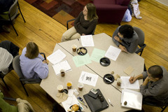 Overhead view of students at a workshop